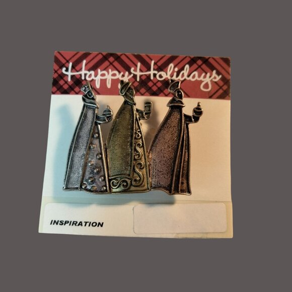 Bon Ton Stores Three Wise Men Happy Holidays Brooch Pin Vintage - Picture 1 of 3